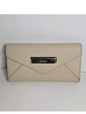 DKNY Saffiano Leather Trifold Envelope Wallet Cream Beige Card Slots Preowned
